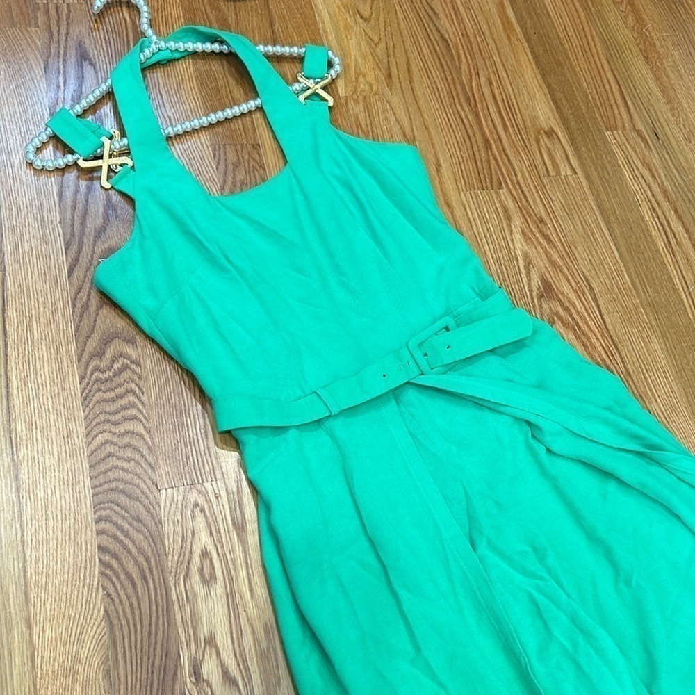 Vintage 90s CACHE wide leg jumpsuit halter gold X romper women’s size 8 green